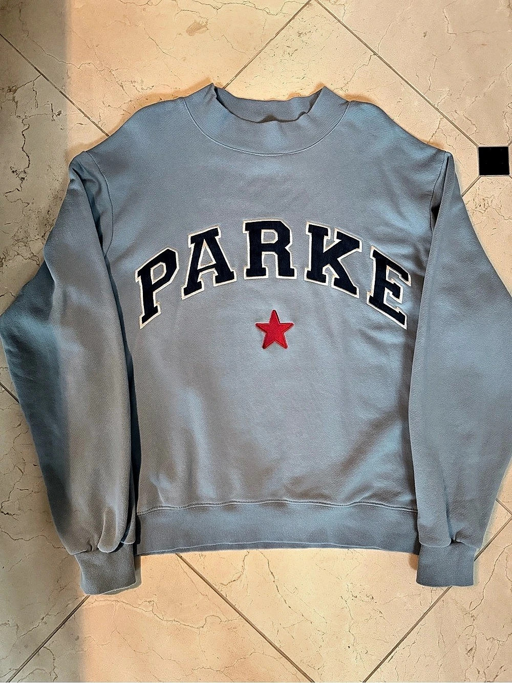 PARKE 4th of July drop. Blue Graphic mockneck Sweatshirt. Size: Large/XL